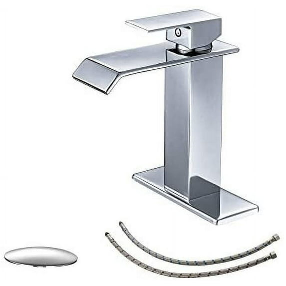 BWE Bathroom Faucet Chrome Modern Waterfall with Pop Up Drain for Sink 1 Single Hole Bathroom Sink Faucet Parts Spout Bath Lavatory Vanity Stopper Overflow and Supply Hose Single Handle Square