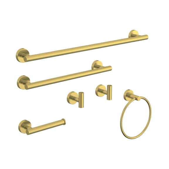 BWE 6-Pcs Brushed Gold Bathroom Hardware Set, 24 Inch Wall Mount Towel Bar Set, Towel Ring, Toilet Paper Holder & Robe Hooks, Modern Stainless Steel Bath Accessory Kit