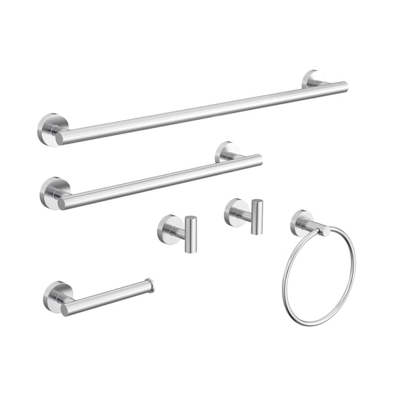 BWE 6-Pcs Polished Chrome Bathroom Hardware Set, 24 Inch Wall Mount Towel Bar Set, Towel Ring, Toilet Paper Holder & Robe Hooks, Modern Stainless Steel Bath Accessory Kit