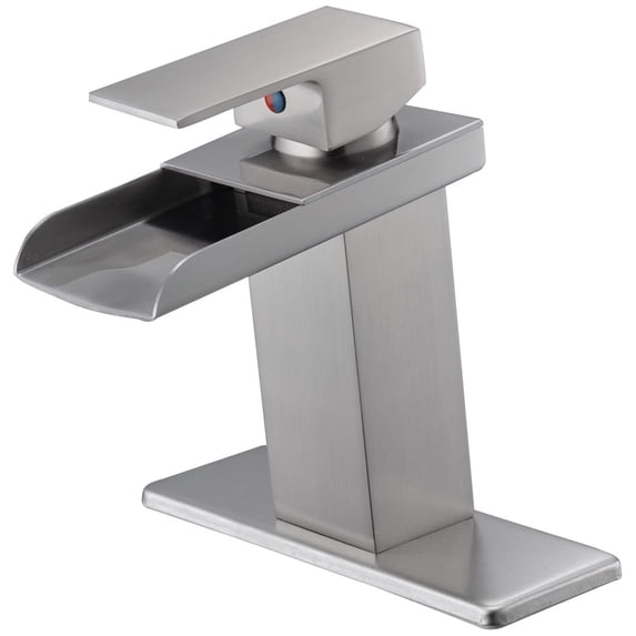 BWE Bathroom Sink Faucet Brushed Nickel Waterfall with Pop Up Drain Assembly and Supply Line Single Handle Single Hole Bathroom Faucets Deck Mount Lavatory Mixer Tap