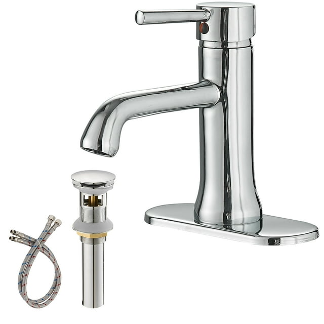 BWE Bathroom Sink Faucet Chrome Single Hole with Pop Up Drain Stopper with Overflow and Water Supply Hose Single Handle Aerator Spout Lavatory