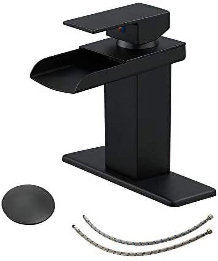 BWE Bathroom Sink Faucet Oil Rubbed Bronze Waterfall with Pop Up Drain Assembly and Supply Line Single Handle Single Hole Bathroom Faucets Deck Mount Lavatory Mixer Tap Lead-Free