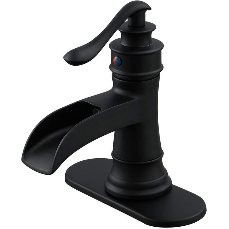 Homevacious Black Matte Waterfall Bathroom Faucet – Single Hole Or 3-Hole Centerset With Pop-Up Drain, Supply Lines, And Deck Plate