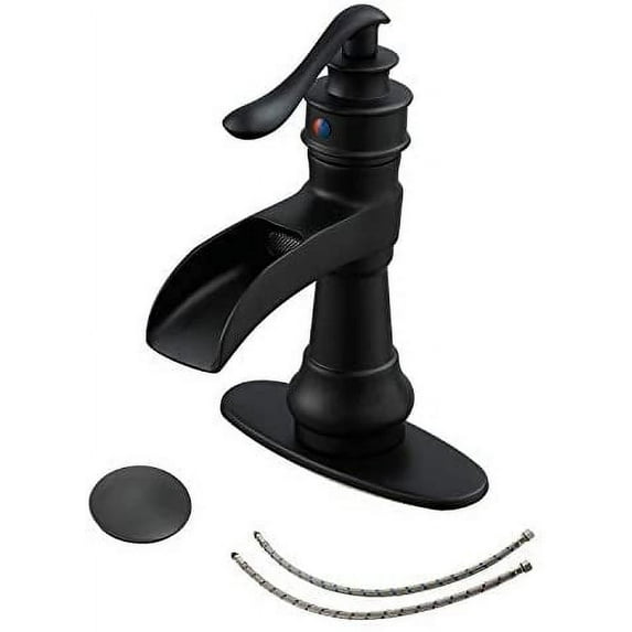 BWE Black Bathroom Faucet Waterfall Farmhouse Sink Mixer Tap Deck Mounted Single-Handle with Drain Assembly and Supply Hose Lead-Free Lavatory Matte