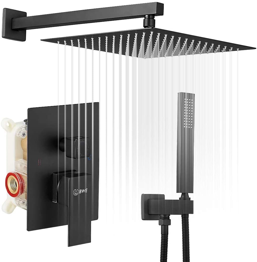 Matte Black 16" Square Rain Shower Faucet with Handheld