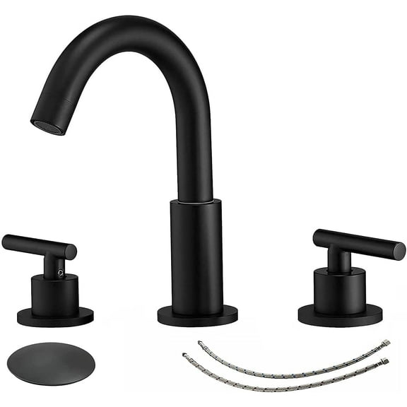 BWE Black Widespread Bathroom Faucet 3 Hole Modern 360 Degree Swivel Spout High Arch with Pop Up Drain with Overflow Supply Hose 8 Inch 2 Handle 3 Pieces Matte Basin Vanity Lavatory Faucets for Sink