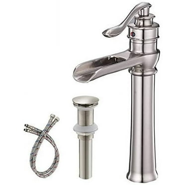 BWE Brushed Nickel Bathroom Faucet Single Hole Waterfall Vessel Sink Faucet Farmhouse with Pop Up Drain Stopper Assembly Without Overflow and Supply Hose Lead-Free Lavatory Vanity Bath Bowl Tall