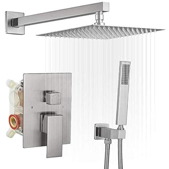 BWE Brushed Nickel Shower Faucet 10 Inch Square Luxury Rain Mixer Shower System Sets Complete 2-Functions Pressure Balancing Wall Mount Rainfall Rough-in Valve Body and Trim Included