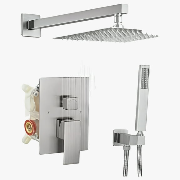 BWE 12-in Brushed Nickel Shower System, Dual Rainfall & Handheld Heads, 3-Way Diverter, Pressure-Balanced Valve