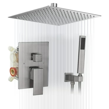 BWE Brushed Nickel Shower Faucet 16 Inch Square Luxury Rain Mixer Shower System Sets Complete 2-Functions Pressure Balancing Ceiling Mount Rainfall Rough-in Valve Body and Trim Included