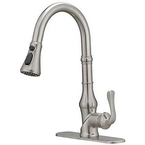 BWE Kitchen Faucet Brushed Nickel with Pull Out Sprayer 3 Spray Modes Farmhouse Single Handle Singe Lever Gooseneck High Arc Kitchen Sink Faucet with Deck Plate Lead-Free Commercial Bar Kitchen Faucet