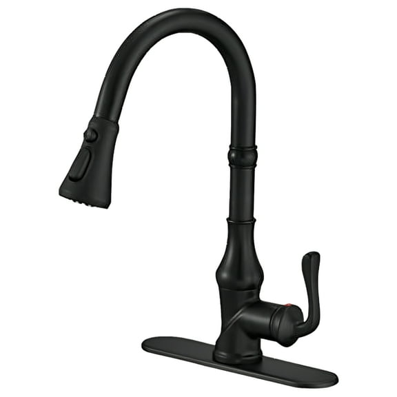 BWE Kitchen Faucet Matte Black with Pull Out Sprayer 3 Spray Modes Farmhouse Single Handle Singe Lever Gooseneck High Arc Kitchen Sink Faucet with Deck Plate Commercial Bar Kitchen Faucets