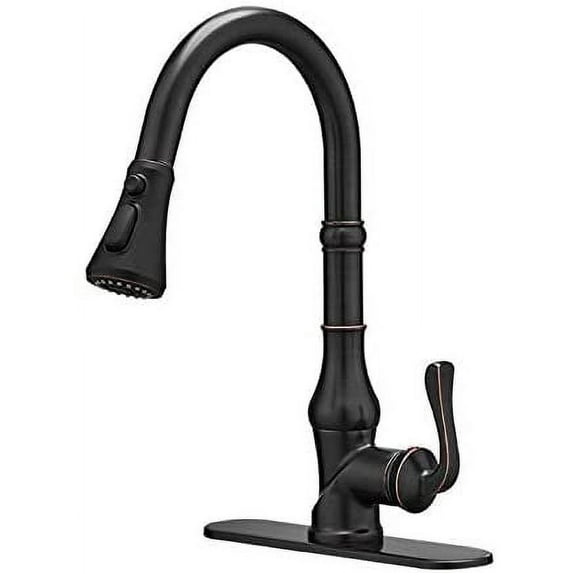 BWE Kitchen Faucet Oil Rubbed Bronze with Pull Out Sprayer 3 Spray Modes Farmhouse Single Handle Gooseneck High Arc Kitchen Sink Faucet with Deck Plate Commercial Bar Kitchen Faucets