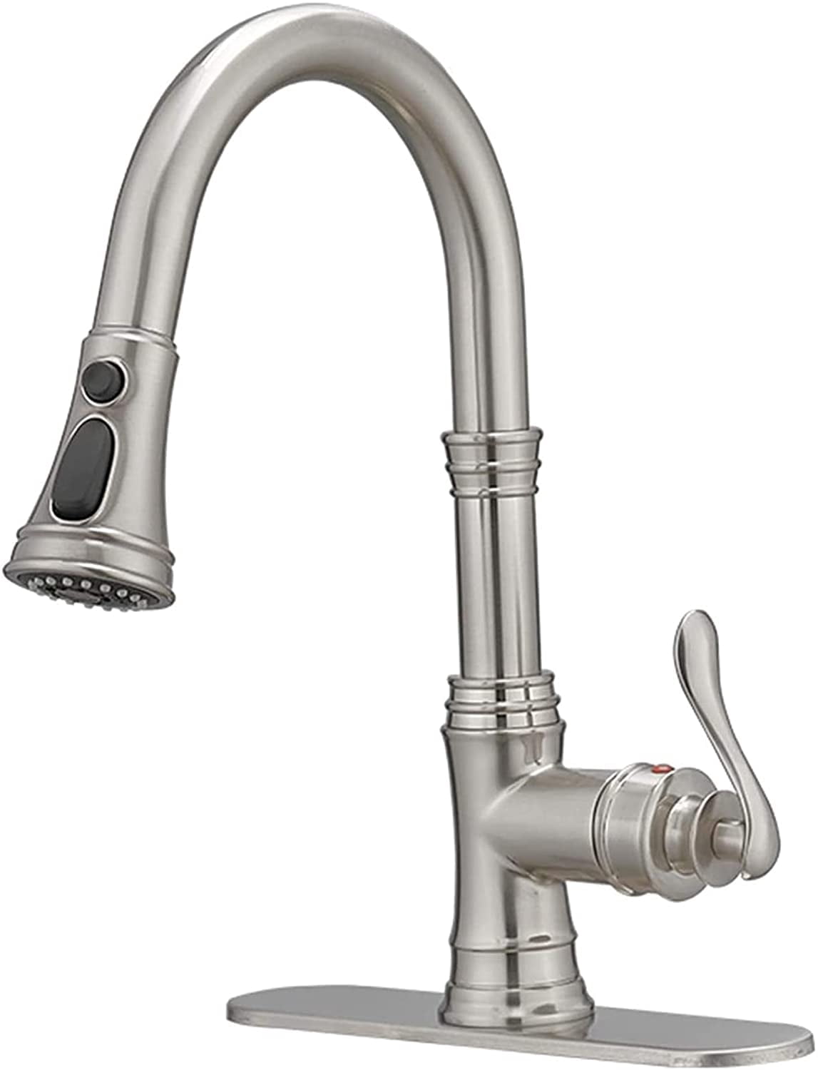BWE Kitchen Faucet with Pull Out Sprayer 3 Spray Modes Brushed Nickel Single Handle Singe Lever High Arc Kitchen Sink Faucet with Deck Plate Commercial Bar Farmhouse Pull Down Sprayer