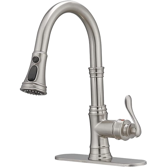 BWE Kitchen Faucet with Pull Out Sprayer 3 Spray Modes Brushed Nickel Single Handle Singe Lever High Arc Kitchen Sink Faucet with Deck Plate Commercial Bar Farmhouse Pull Down Sprayer