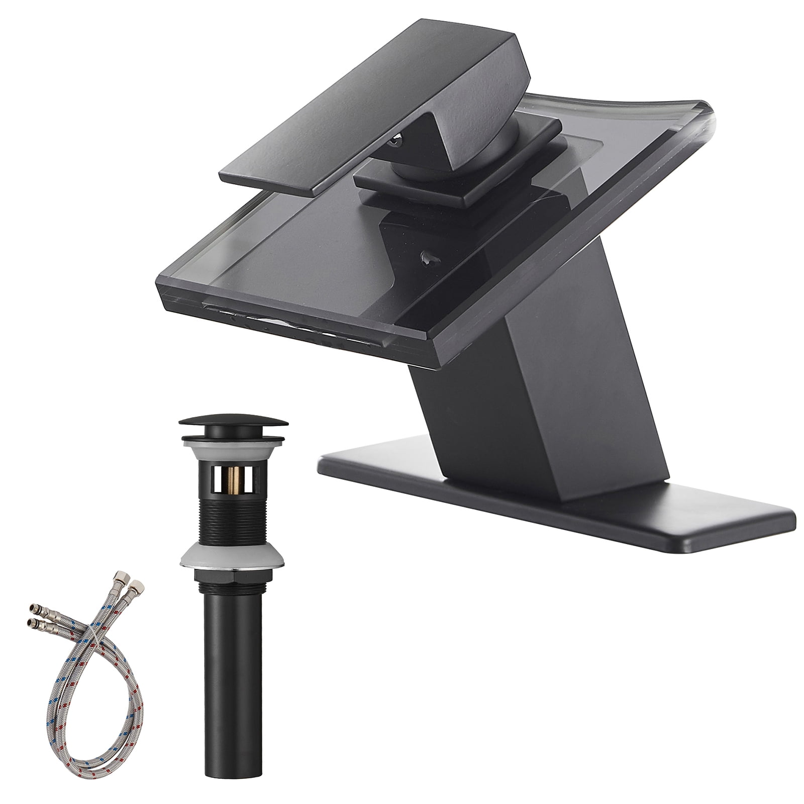 Matte Black Glass Waterfall Bathroom Faucet with Brass Handle