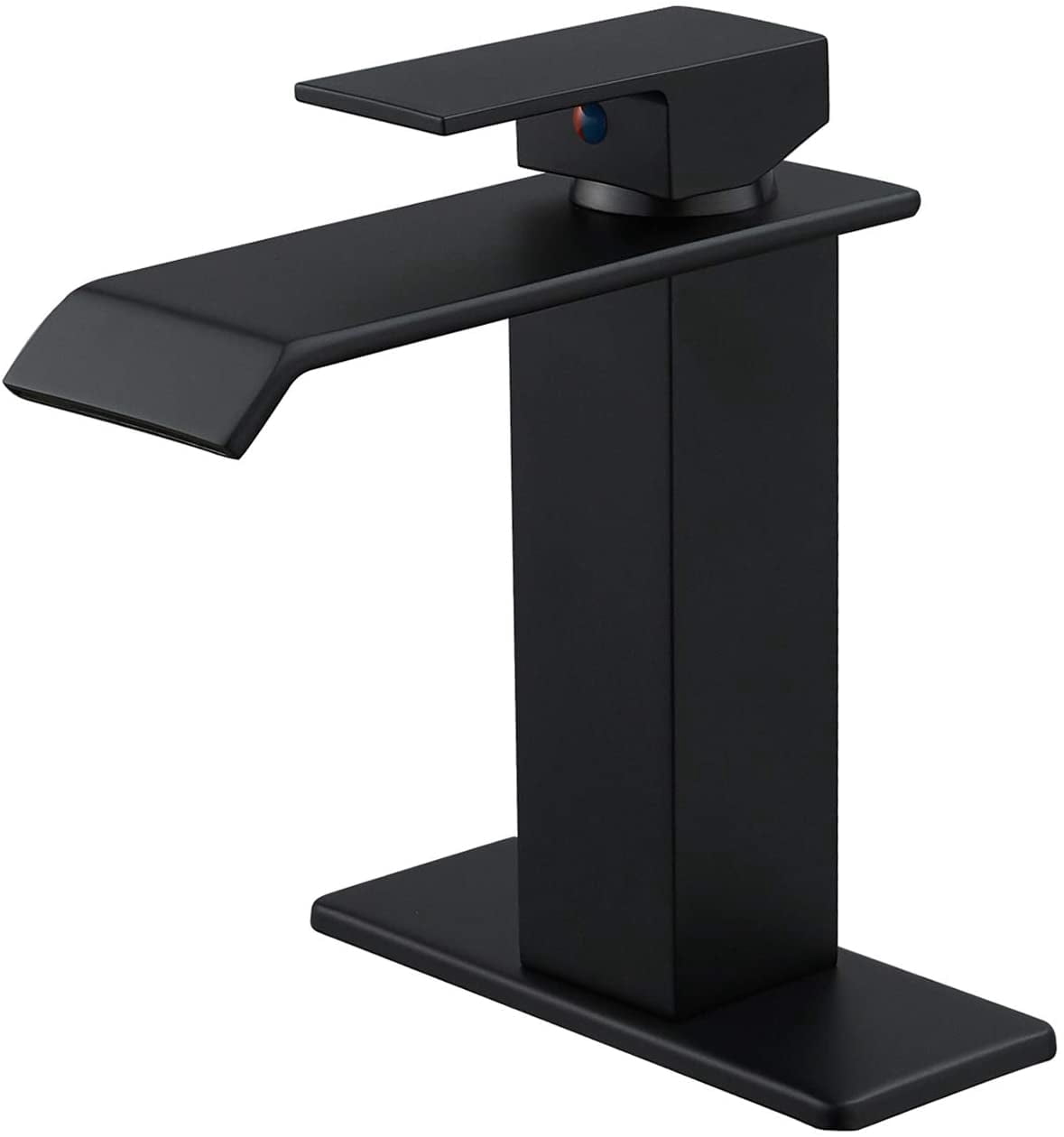 BWE Matte Black Bathroom Faucet Modern Waterfall Single Hole Bathroom Sink Faucet Parts Square Spout Bath Lavatory Vanity and Supply Hose Single Handle