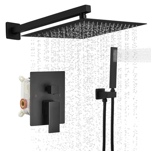 BWE Matte Black Wall Mounted Rainfall Shower System, Concealed Square Shower Faucet Set with High Pressure Handheld Shower, Roughin Valve Included, Modern Bathroom Shower Fixture