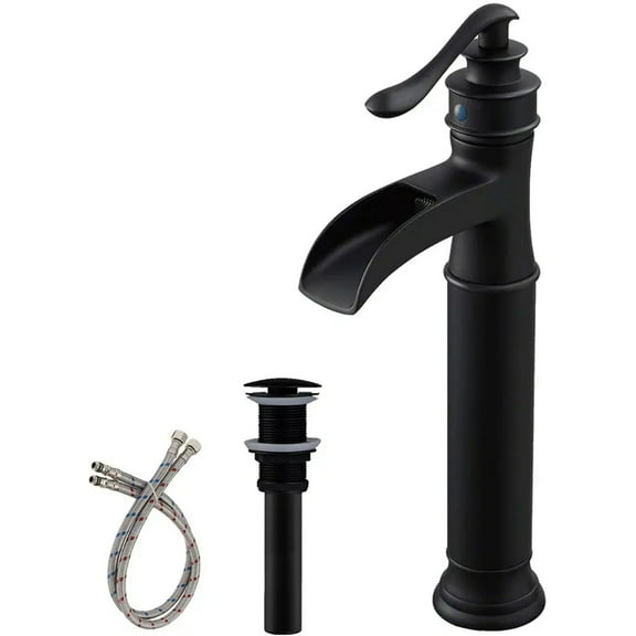 BWE Matte Black Waterfall Commercial Single Handle One Hole Bathroom Vessel Sink Faucet Deck Mount