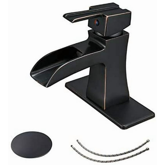 BWE Oil Rubbed Bronze Bathroom Faucet with Pop Up Drain Stopper Overflow Assembly and Supply Hose Bath Waterfall Single Hole Handle Farmhouse Bathroom Sink Faucet Lavatory Mixer Tap