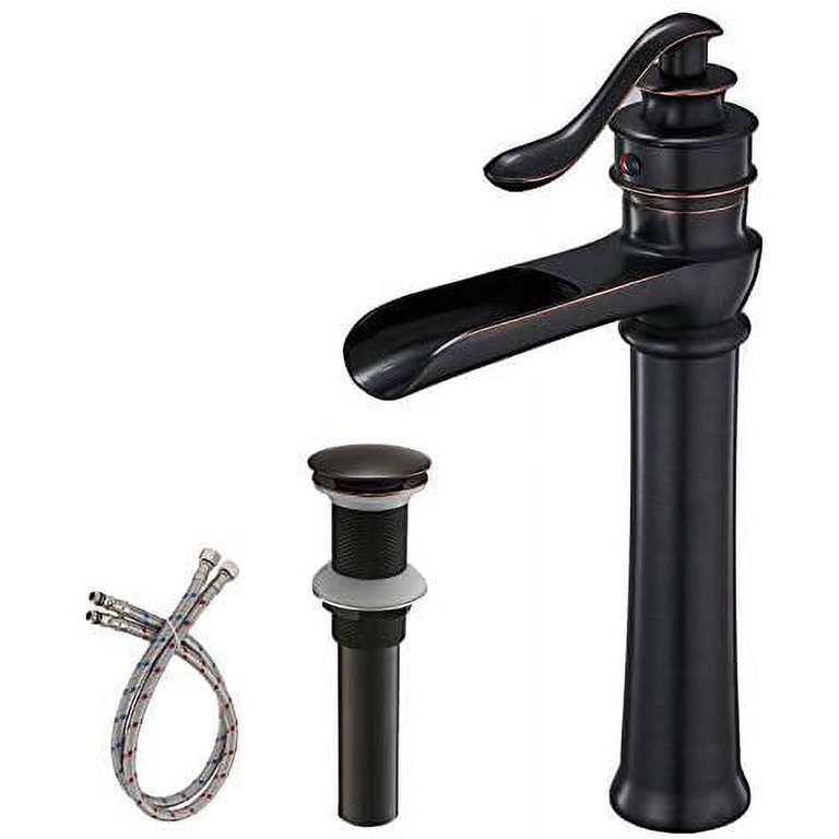 Matte Black Vessel Sink Faucet - 12 Inch Waterfall Single Hole, Includes Pop Up Drain & Supply Hoses, Brass Body