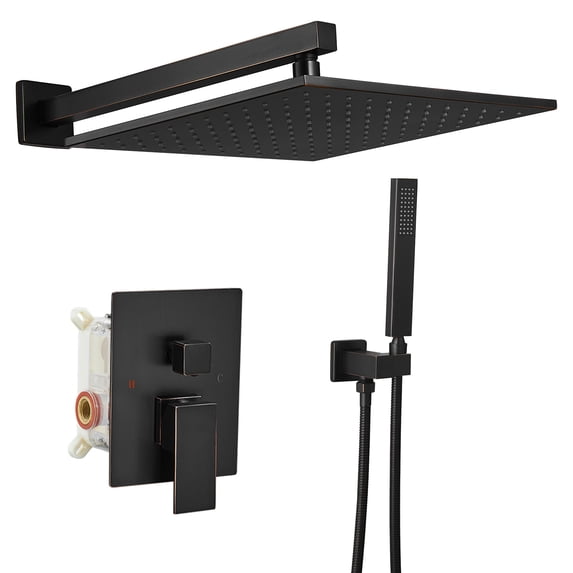BWE Oil Rubbed Bronze Shower Faucet 10 Inch Square Luxury Rain Mixer Shower System Sets Complete 2-Functions Pressure Balancing Wall Mount Rainfall Rough-in Valve Body and Trim Included