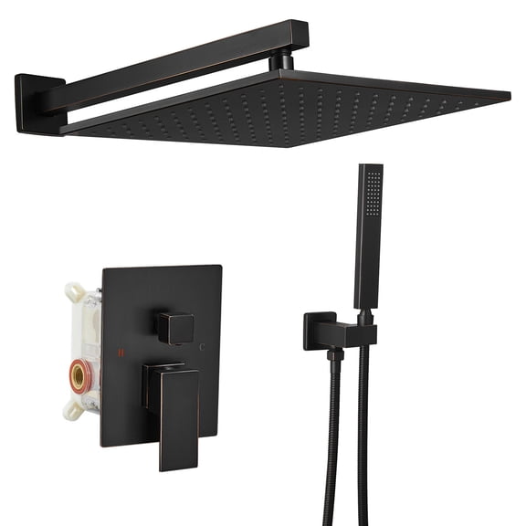 BWE Oil Rubbed Bronze Shower Faucet 10 Inch Square Luxury Rain Mixer Shower System Sets Complete 2-Functions Pressure Balancing Wall Mount Rainfall Rough-in Valve Body and Trim Included