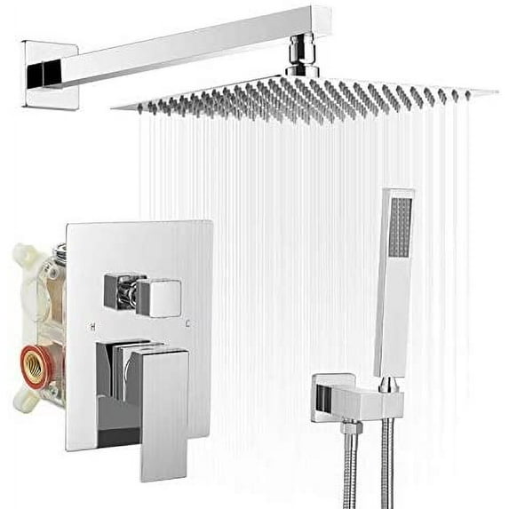 BWE Polished Chrome Shower Faucet 10 Inch Square Luxury Rain Mixer Shower System Sets Complete 2-Functions Pressure Balancing Wall Mount Rainfall Rough-in Valve Body and Trim Included