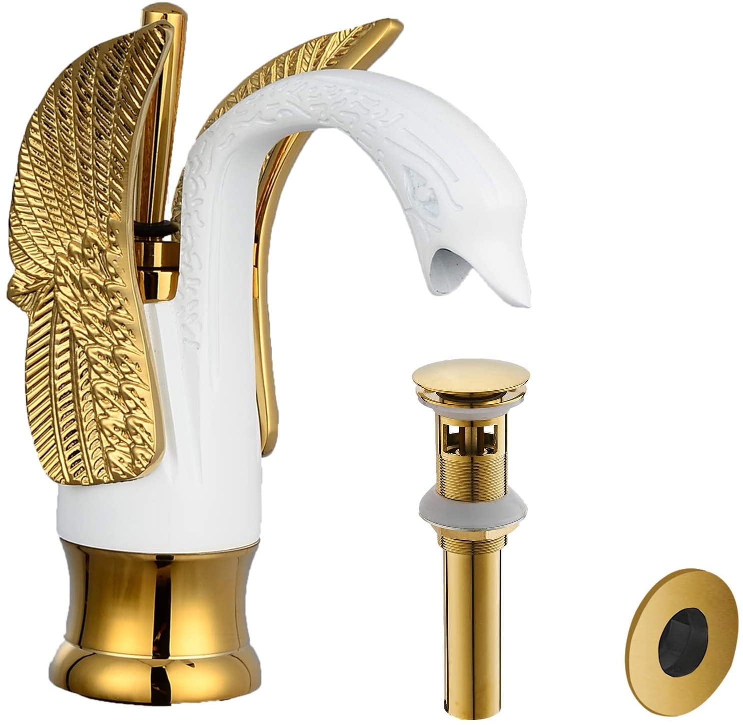White and Gold Swan Single Hole Single-Handle Bathroom Faucet