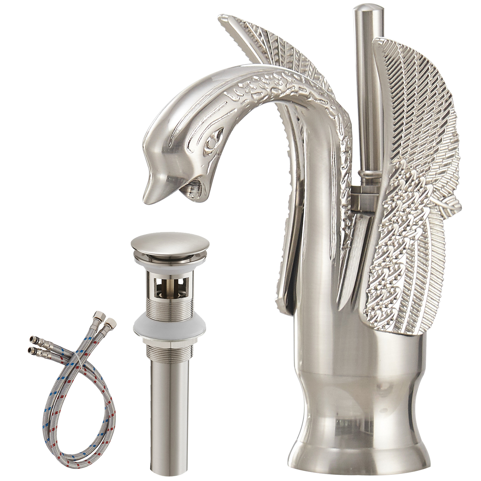 BWE Swan Faucet Matching Pop Up Drain with Overflow Stopper Supply Line