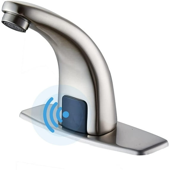 BWE Touchless Bathroom Faucet Brushed Nickel Sink with Hole Cover Plate Single-Hole Automatic Sensor Vanity Faucets with Control Box and Temperature Mixer Hands Free Bathroom Water Tap