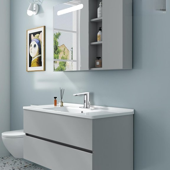 BWE Touchless Bathroom Faucet Deck Mount Automatic Sensor Vanity Faucets with Control Box Temperature Adjustment Single Hole with Plate Included Chrome$$