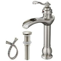 BWE Vessel Sink Faucet with Drain Assembly and Supply Hose Lead-Free Single-Handle Single Hole Bathroom Faucet Waterfall Lavatory Mixer Tap Brushed Nickel Tall Body