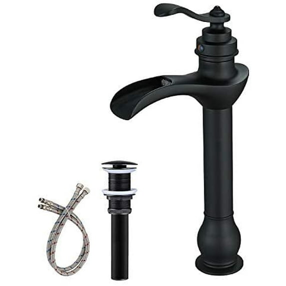 BWE Vessel Sink Faucet with Drain Assembly and Supply Hose Lead-Free Single-Handle Single Hole Bathroom Faucet Waterfall Lavatory Mixer Tap Matte Black Tall Body