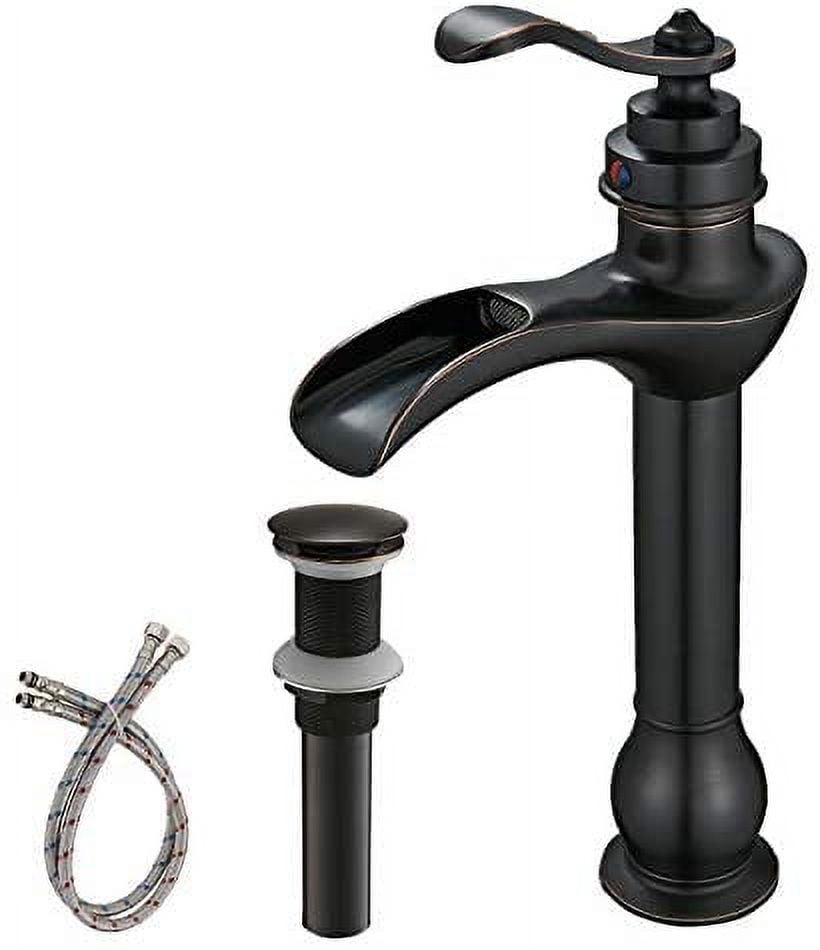 BWE Vessel Sink Faucet with Drain Assembly and Supply Hose Single-Handle Single Hole Bathroom Faucet Waterfall Lavatory Mixer Tap Oil Rubbed Bronze Tall Body
