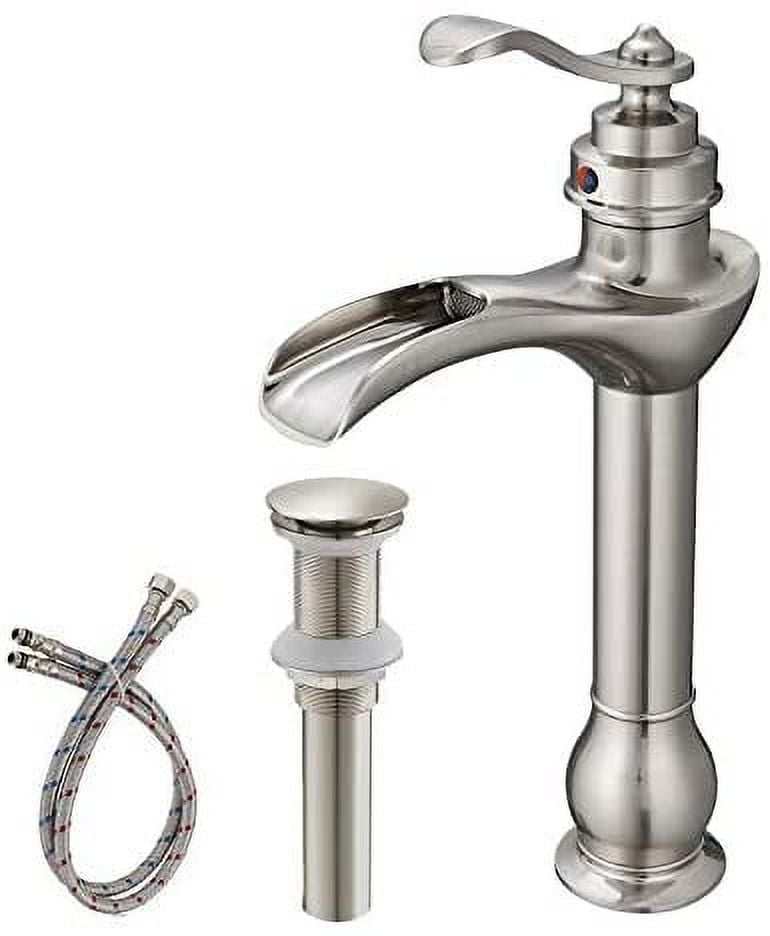 BWE SingleHandle Vessel Sink Faucet with Drain Assembly, Waterfall Lavatory Mixer Tap, Brushed