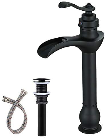 Matte Black Tall Vessel Sink Faucet with Waterfall Spout and Drain Assembly