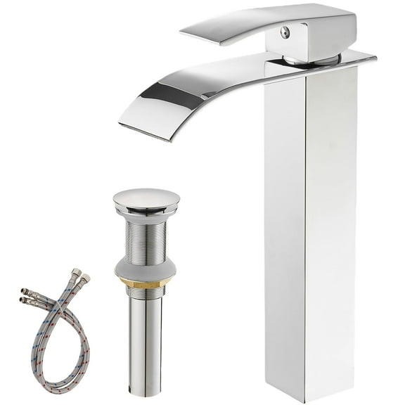 Open Box BWE Vessel Sink Faucet Modern Waterfall Chrome Single Hole Bathroom Faucet Single Handle with Pop up Drain Without Overflow Assembly Vanity Basin Bath Sink Faucets Mixer Tap Lead-Free