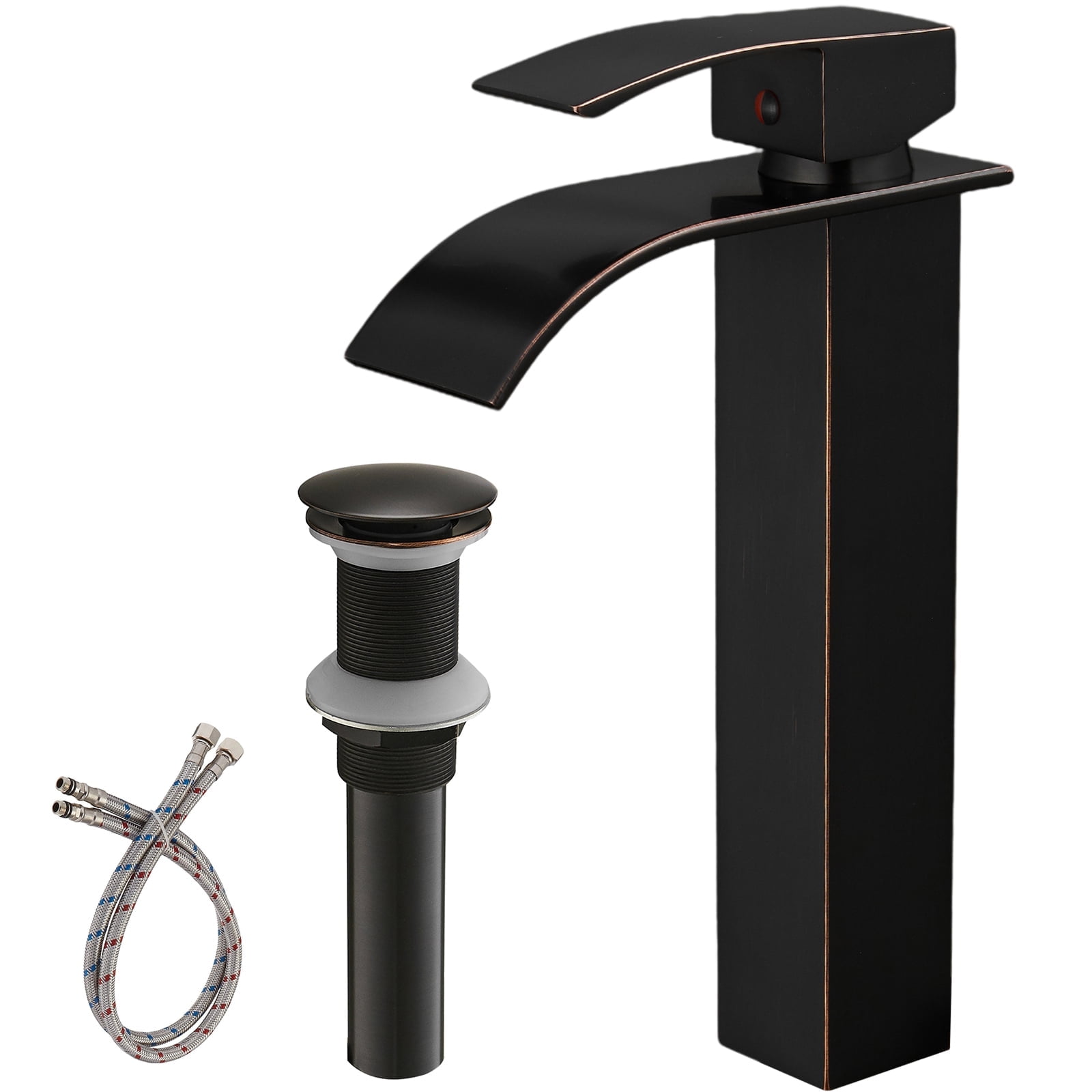 BWE Vessel Sink Faucet Modern Waterfall Oil Rubbed Bronze Single Hole Bathroom Faucet Single Handle with Pop up Drain Without Overflow Assembly Vanity Basin Bath Sink Faucets Mixer Tap