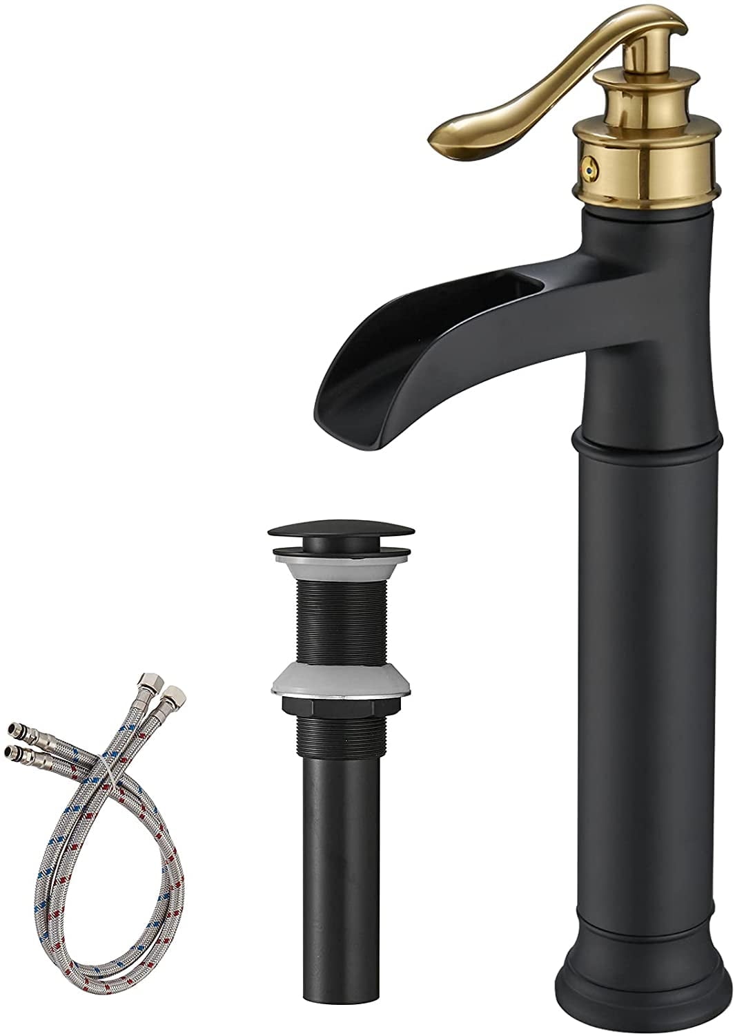 BWE Vessel Sink Faucet Waterfall Gold with Matte Black Single Hole with Pop Up Drain Without Overflow and Supply Lines Bathroom faucets for Sink One Handle Faucets Vanity Bath Mixer Tap Lead-Free