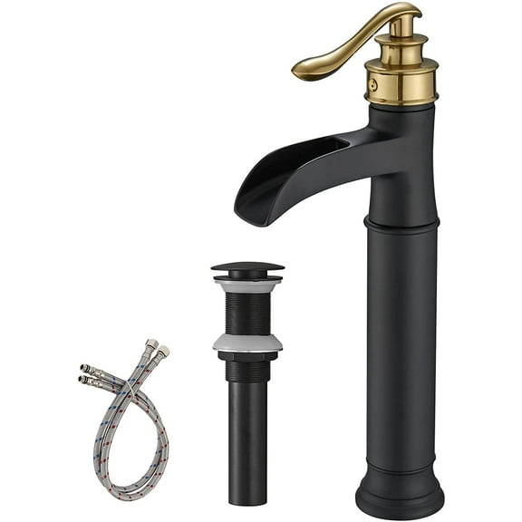 BWE Vessel Sink Faucet Waterfall Gold with Matte Black Single Hole with Pop Up Drain Without Overflow and Supply Lines Bathroom faucets for Sink One Handle Faucets Vanity Bath Mixer Tap Lead-Free