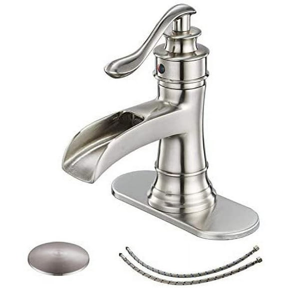 BWE Waterfall Brushed Nickel Bathroom Sink Faucet Single Handle One Hole Deck Mount Lavatory Commercial