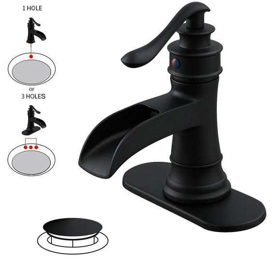 BWE Waterfall Single Hole Handle Low-Arc Bathroom Faucet with Pop-up Drain Assembly In Matte Black