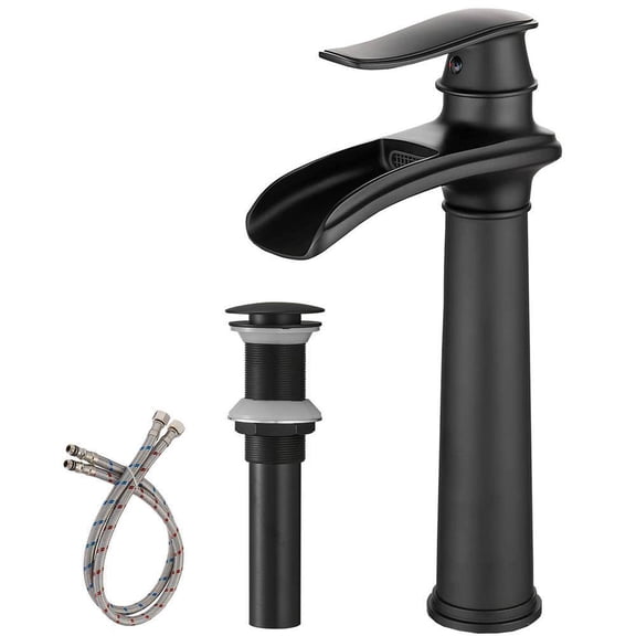 BWE Waterfall Single Hole Single Handle Bathroom Vessel Sink Faucet With Pop-up Drain Assembly in Matte Black
