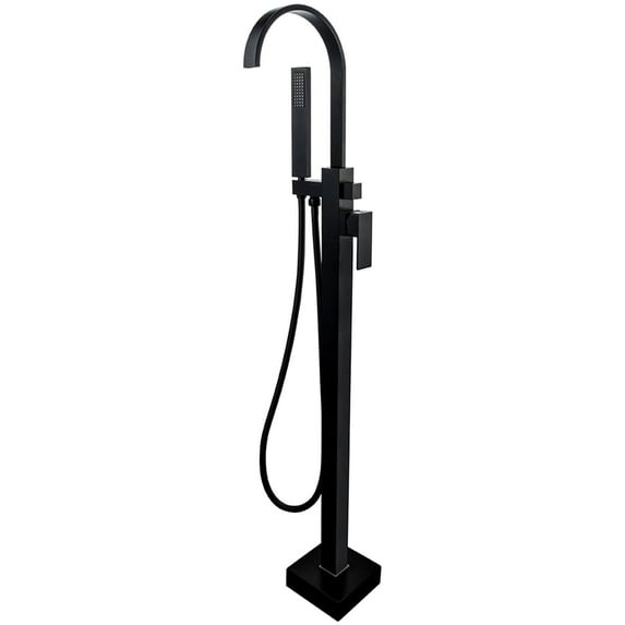 BWE Waterfall Spout Freestanding Floor Mounted Bathtub Faucet with Hand Shower Single Handle Bathroom Faucet with Handheld Sprayer in Matte Black Floor Mount Tub Filler Leadless Solid Brass