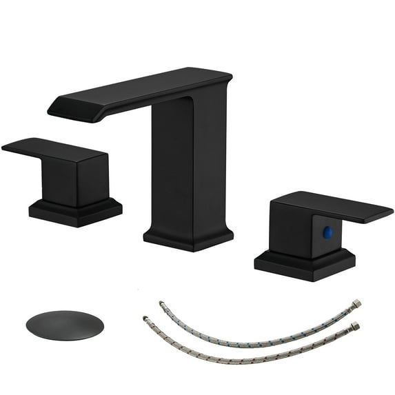 BWE Waterfall Widespread Bathroom Faucet Matte Black 3 Holes with Pop Up Drain Stopper with Overflow and Supply Line 2-Handle Bath Lavatory Vanity Sink Mixer Tap Square