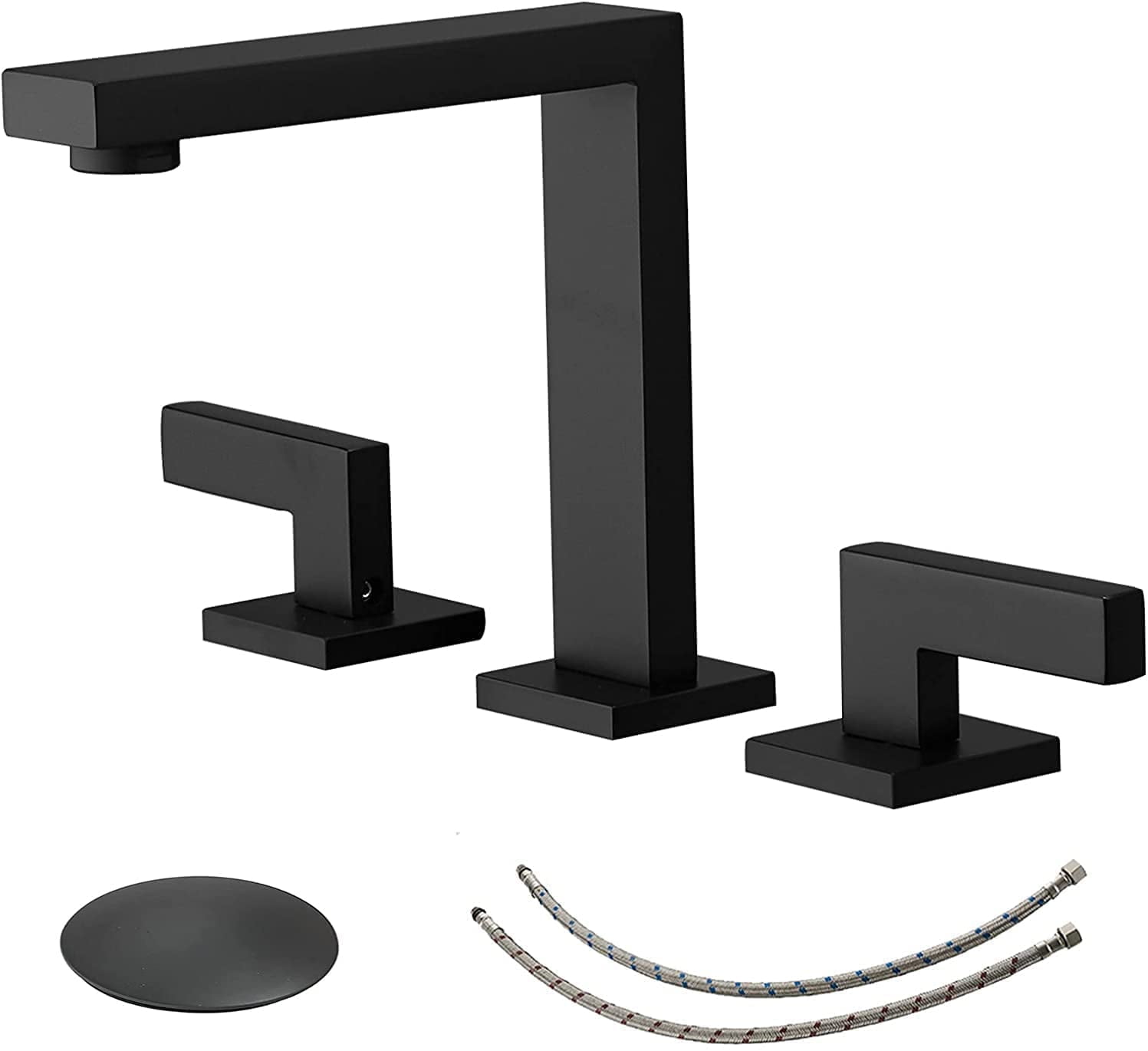 BWE Widespread Bathroom Faucet 3 Hole Matte Black with Pop Up Drain with Overflow Assembly and Supply Hose Bathroom Faucets for Sink 2-Handle 3 Pieces 8 Inch Basin Lavatory Mixer Tap