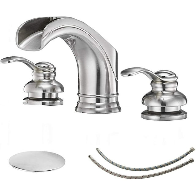 BWE Widespread Bathroom Faucet Brushed Nickel 2-Handle 3 Holes 8 inch Waterfall Bathroom Faucet with Pop Up Drain Assembly with Overflow Lavatory Basin Vanity Sink Mixer Tap Supper Line Lead-Free