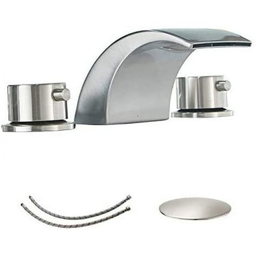 BWE Widespread Bathroom Faucet Brushed Nickel 3 Holes with Pop Up Drain Assembly with Overflow and Supply Line Led Waterfall 8 Inch 2 Handles Bathroom Lavatory Sink Mixer Tap
