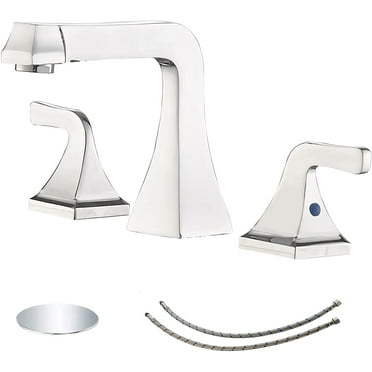 BWE Widespread Bathroom Faucet Chrome 3 Holes 8 inch with Pop Up Drain Stopper with Overflow and Supply Line 2-Handle Bath Lavatory Vanity Sink Mixer Tap Square